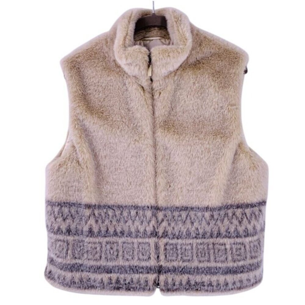 Mondi Escada Beige Faux Fur Vest Geometric Print Zip Front Winter Chic Size 42 - Picture 2 of 5